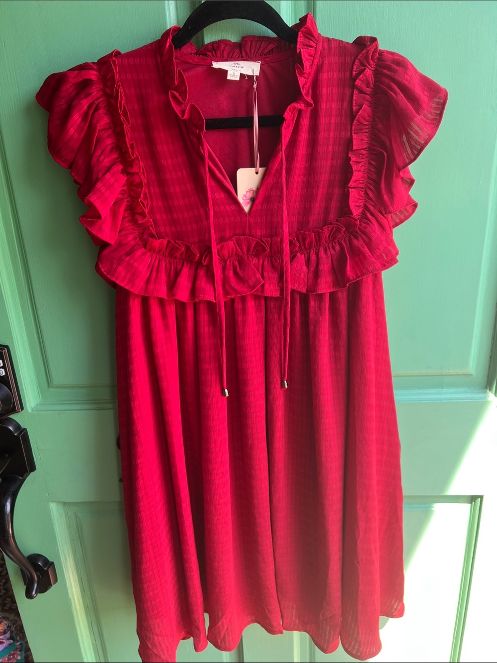 entro Red Ruffle-Trim Flutter Sleeve Dress